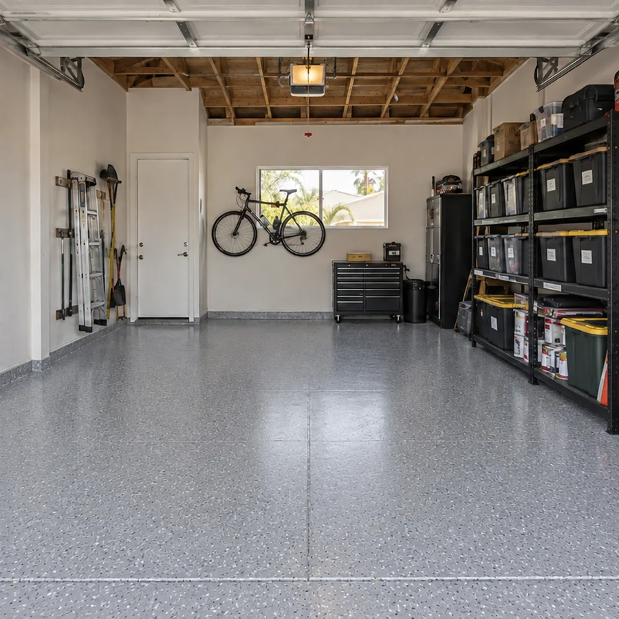 Organized garage with an epoxy floor